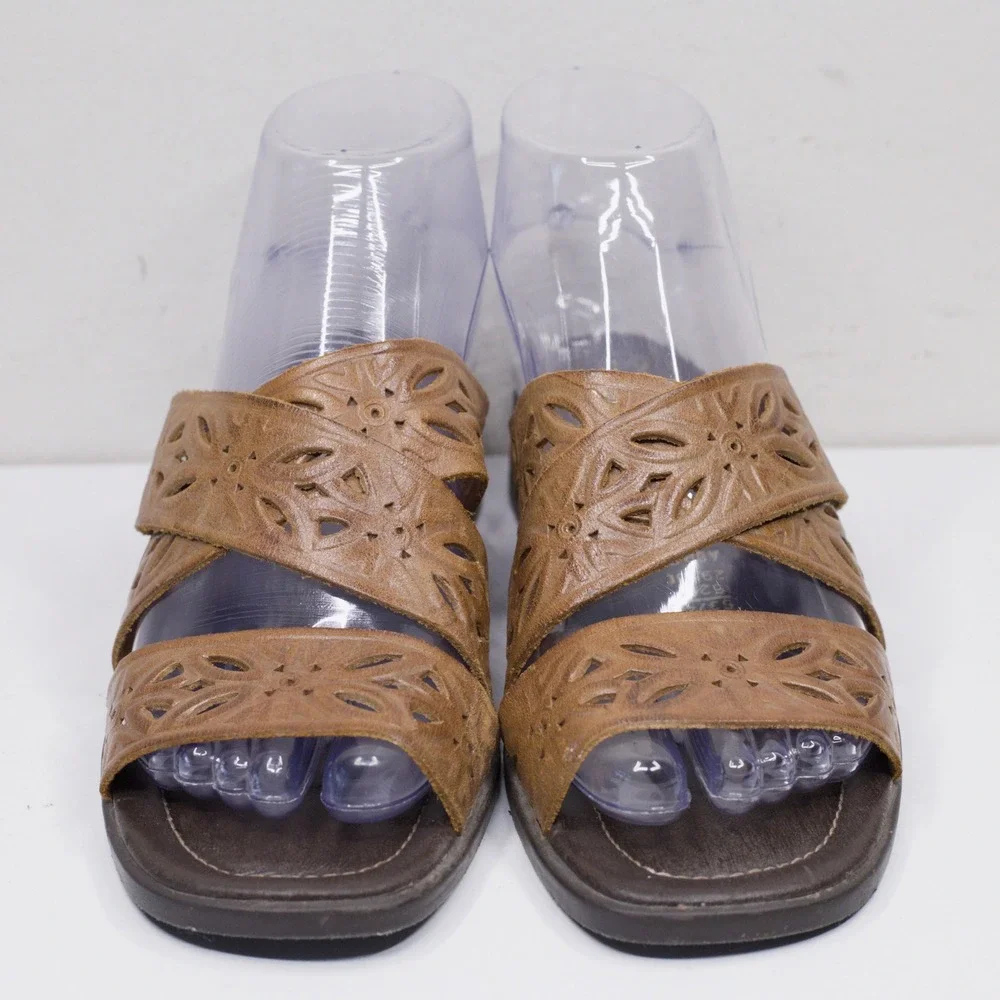 BASIC‎ EDITIONS VTG 90s Leather Cutout Floral Slide Sandals Boho Brown Sz 6.5
